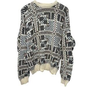 Vintage Jantzen USA Made Sweater Crewneck Size L Cream Gray Green Long Sleeve